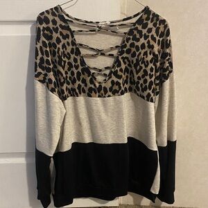 BiBi Leopard and Black V-Neck Sweatshirt